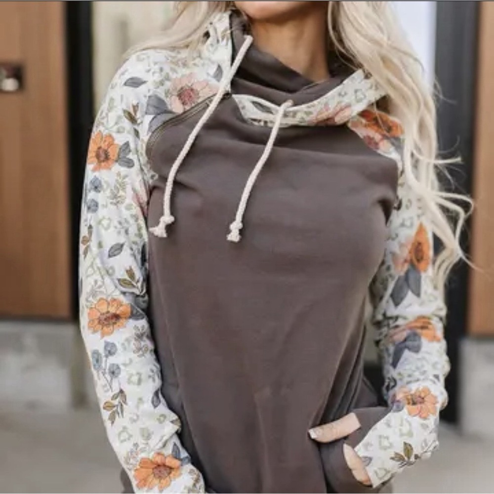 Ampersand Avenue Hoodie Women's 2XL Floral Sleeve Gray Pullover Sweatshirt Zip